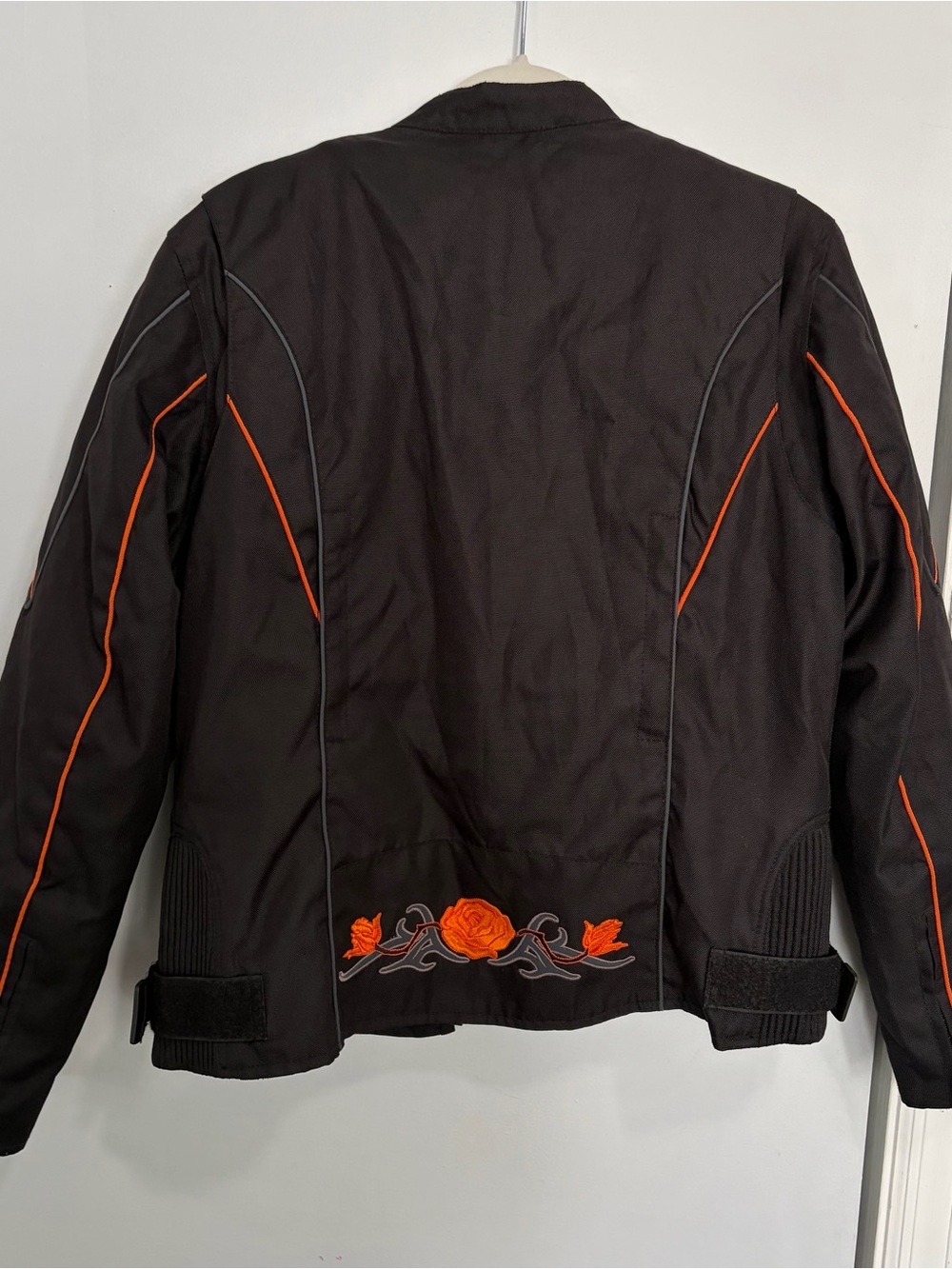 Black Floral Embroidered Biker Riding Jacket Womens M Moto Motorcycle Cropped